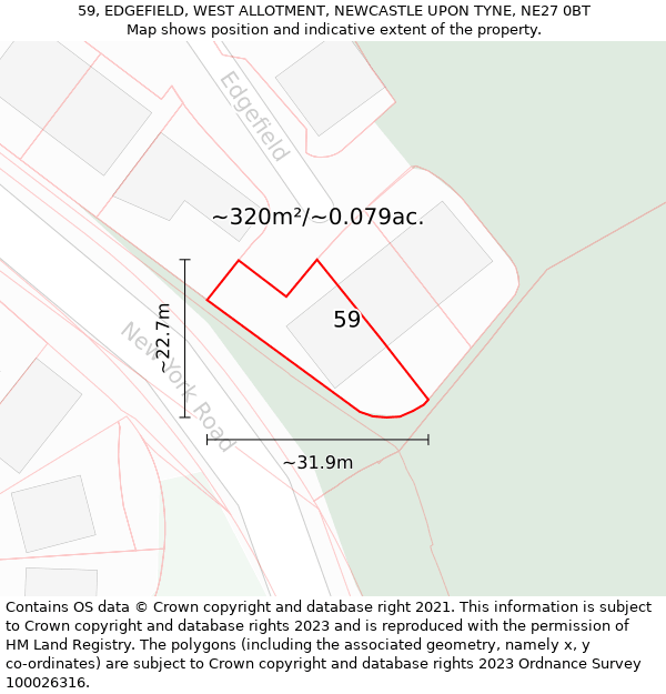 59, EDGEFIELD, WEST ALLOTMENT, NEWCASTLE UPON TYNE, NE27 0BT: Plot and title map