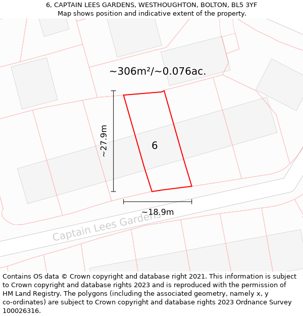 6, CAPTAIN LEES GARDENS, WESTHOUGHTON, BOLTON, BL5 3YF: Plot and title map