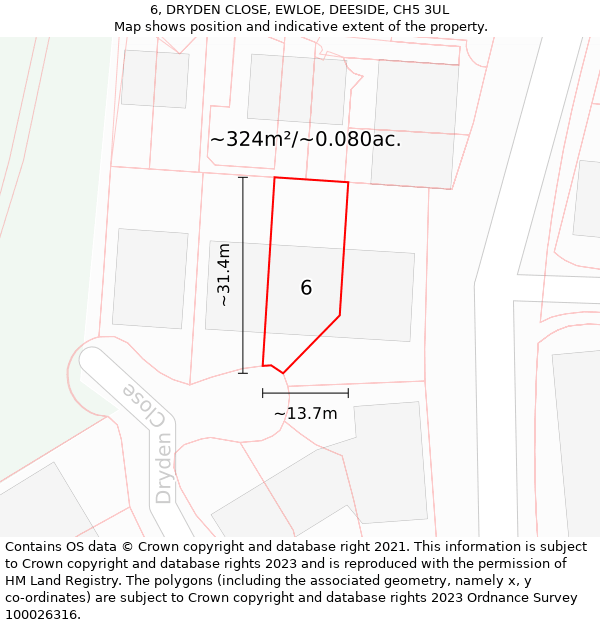 6, DRYDEN CLOSE, EWLOE, DEESIDE, CH5 3UL: Plot and title map