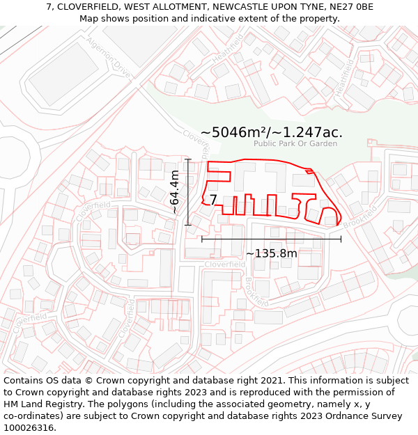 7, CLOVERFIELD, WEST ALLOTMENT, NEWCASTLE UPON TYNE, NE27 0BE: Plot and title map