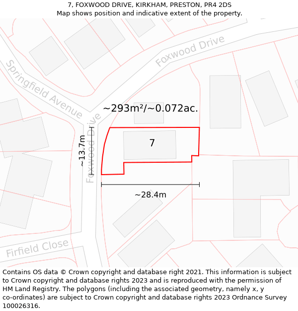 7, FOXWOOD DRIVE, KIRKHAM, PRESTON, PR4 2DS: Plot and title map