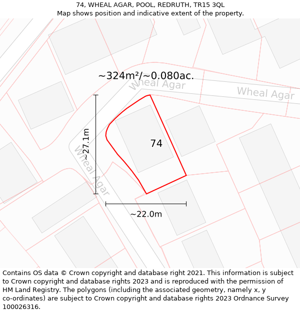 74, WHEAL AGAR, POOL, REDRUTH, TR15 3QL: Plot and title map