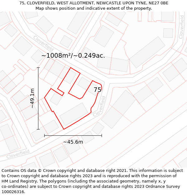 75, CLOVERFIELD, WEST ALLOTMENT, NEWCASTLE UPON TYNE, NE27 0BE: Plot and title map