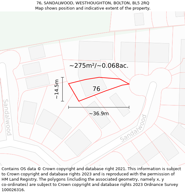 76, SANDALWOOD, WESTHOUGHTON, BOLTON, BL5 2RQ: Plot and title map