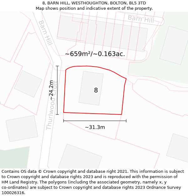 8, BARN HILL, WESTHOUGHTON, BOLTON, BL5 3TD: Plot and title map