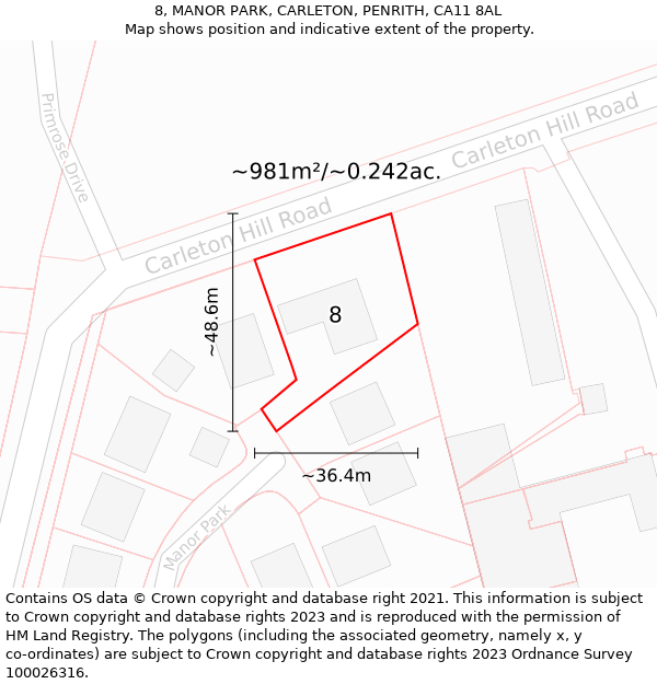 8, MANOR PARK, CARLETON, PENRITH, CA11 8AL: Plot and title map