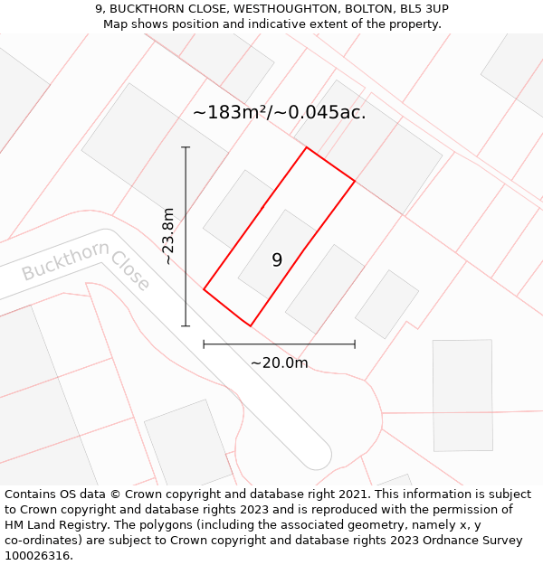 9, BUCKTHORN CLOSE, WESTHOUGHTON, BOLTON, BL5 3UP: Plot and title map