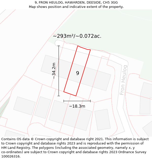 9, FRON HEULOG, HAWARDEN, DEESIDE, CH5 3GG: Plot and title map