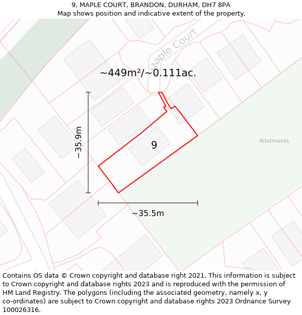 9, MAPLE COURT, BRANDON, DURHAM, DH7 8PA: Plot and title map