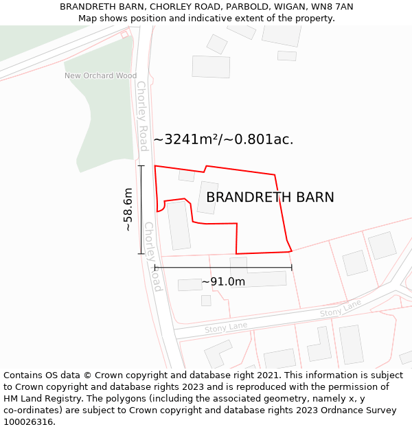 BRANDRETH BARN, CHORLEY ROAD, PARBOLD, WIGAN, WN8 7AN: Plot and title map