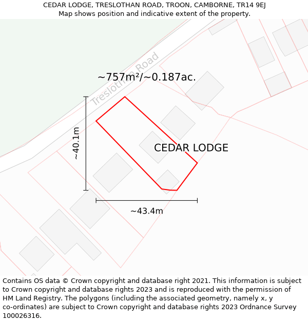 CEDAR LODGE, TRESLOTHAN ROAD, TROON, CAMBORNE, TR14 9EJ: Plot and title map