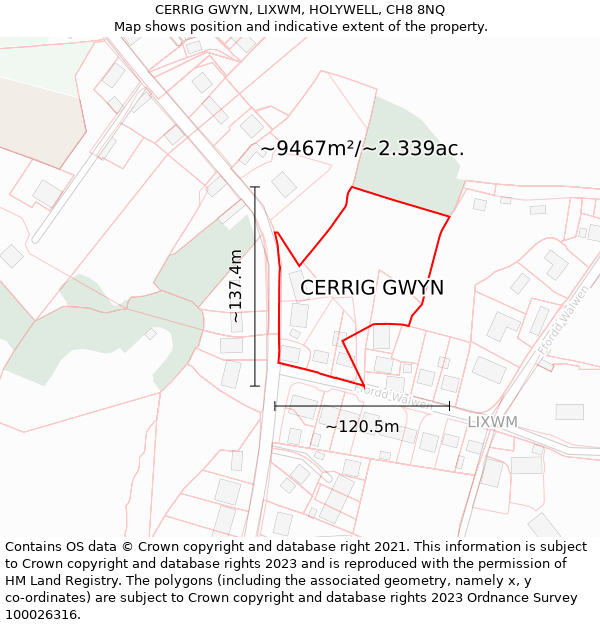 CERRIG GWYN, LIXWM, HOLYWELL, CH8 8NQ: Plot and title map