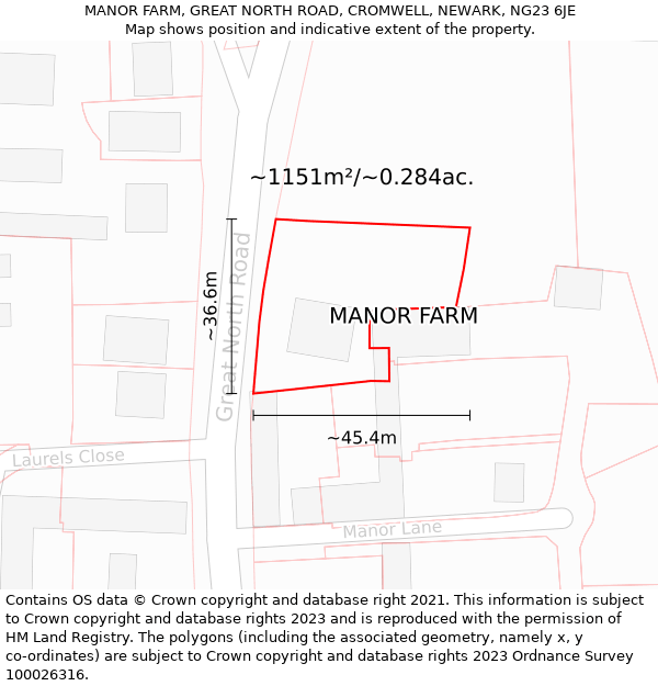 MANOR FARM, GREAT NORTH ROAD, CROMWELL, NEWARK, NG23 6JE: Plot and title map