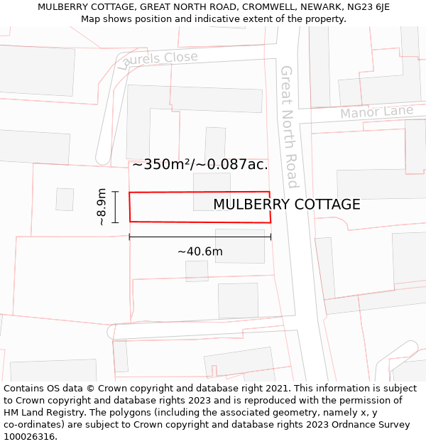 MULBERRY COTTAGE, GREAT NORTH ROAD, CROMWELL, NEWARK, NG23 6JE: Plot and title map