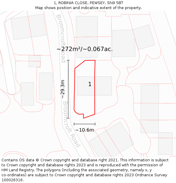 1, ROBINIA CLOSE, PEWSEY, SN9 5BT: Plot and title map