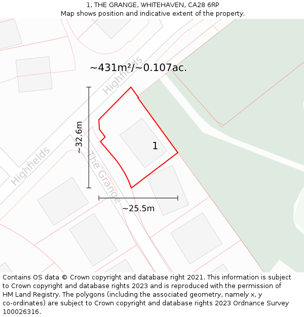 1, THE GRANGE, WHITEHAVEN, CA28 6RP: Plot and title map