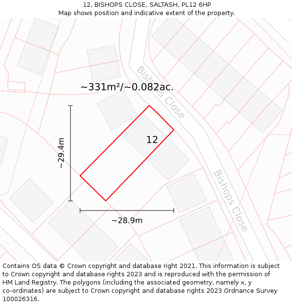 12, BISHOPS CLOSE, SALTASH, PL12 6HP: Plot and title map