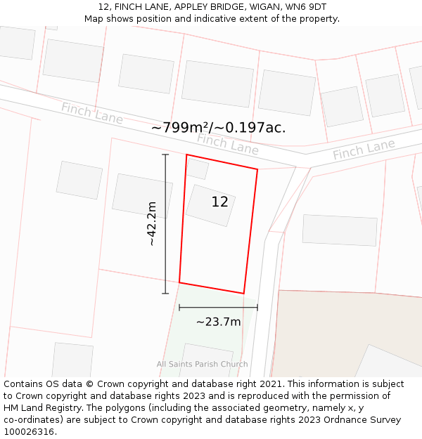 12, FINCH LANE, APPLEY BRIDGE, WIGAN, WN6 9DT: Plot and title map