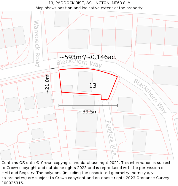 13, PADDOCK RISE, ASHINGTON, NE63 8LA: Plot and title map