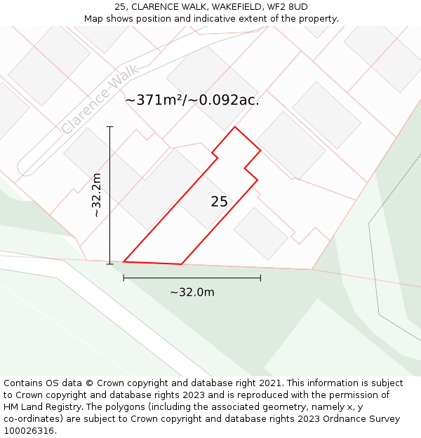 25, CLARENCE WALK, WAKEFIELD, WF2 8UD: Plot and title map