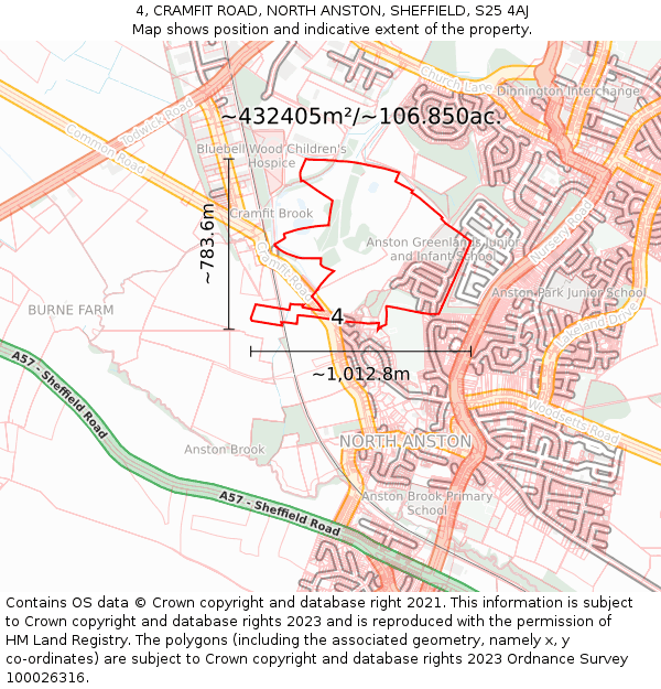 4, CRAMFIT ROAD, NORTH ANSTON, SHEFFIELD, S25 4AJ: Plot and title map