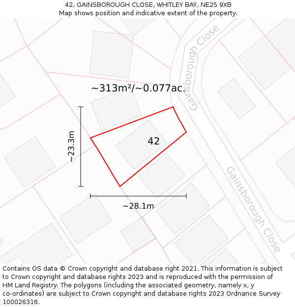 42, GAINSBOROUGH CLOSE, WHITLEY BAY, NE25 9XB: Plot and title map