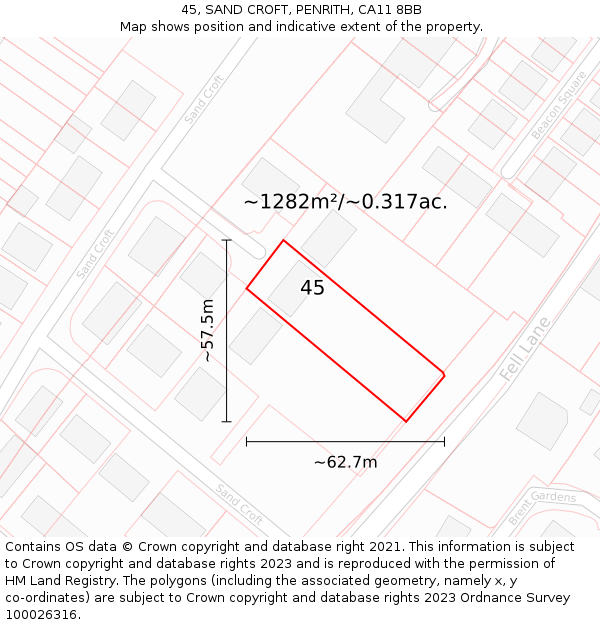 45, SAND CROFT, PENRITH, CA11 8BB: Plot and title map
