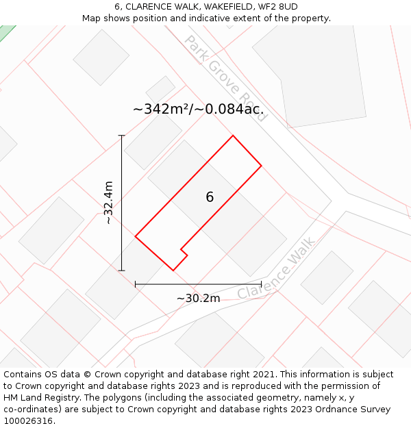 6, CLARENCE WALK, WAKEFIELD, WF2 8UD: Plot and title map