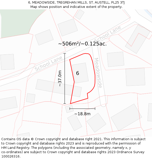 6, MEADOWSIDE, TREGREHAN MILLS, ST. AUSTELL, PL25 3TJ: Plot and title map