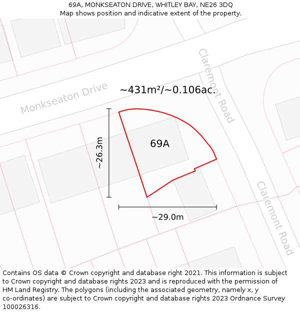 69A, MONKSEATON DRIVE, WHITLEY BAY, NE26 3DQ: Plot and title map