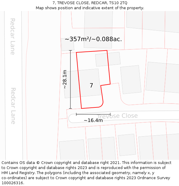 7, TREVOSE CLOSE, REDCAR, TS10 2TQ: Plot and title map
