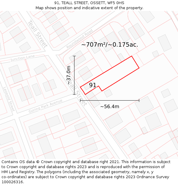 91, TEALL STREET, OSSETT, WF5 0HS: Plot and title map