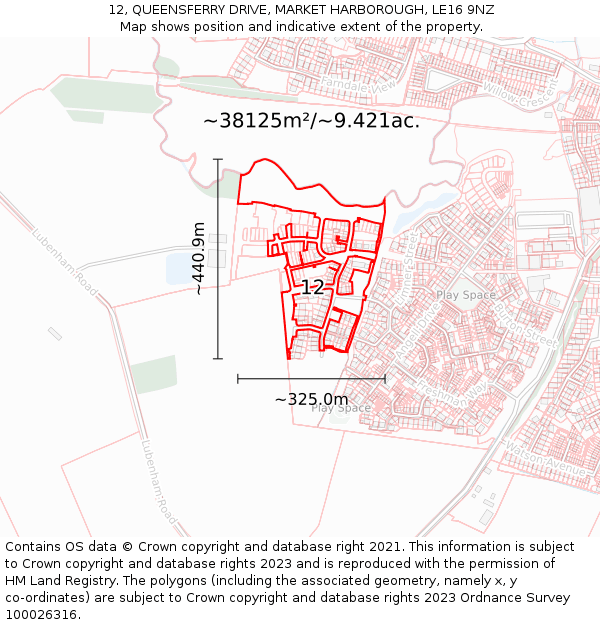 12, QUEENSFERRY DRIVE, MARKET HARBOROUGH, LE16 9NZ: Plot and title map