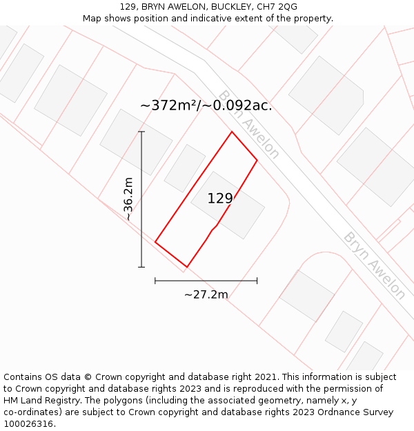 129, BRYN AWELON, BUCKLEY, CH7 2QG: Plot and title map