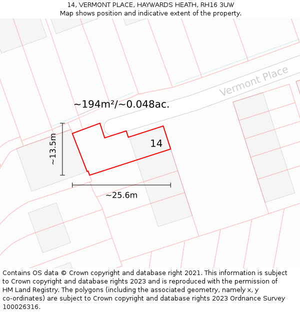 14, VERMONT PLACE, HAYWARDS HEATH, RH16 3UW: Plot and title map