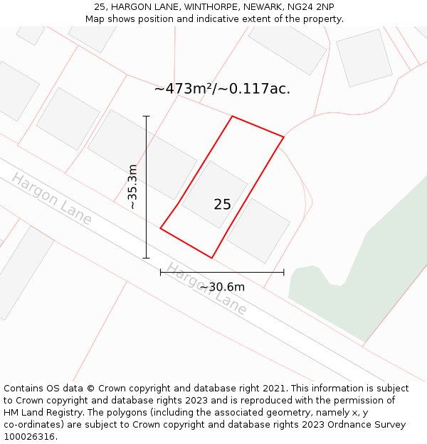 25, HARGON LANE, WINTHORPE, NEWARK, NG24 2NP: Plot and title map