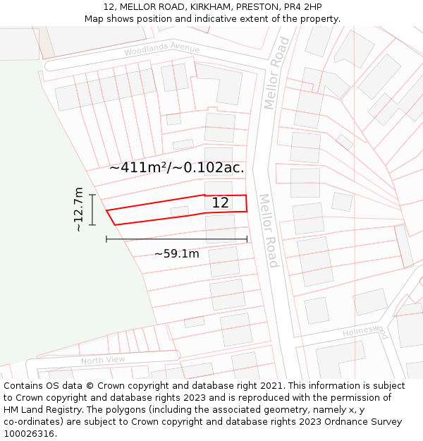 12, MELLOR ROAD, KIRKHAM, PRESTON, PR4 2HP: Plot and title map