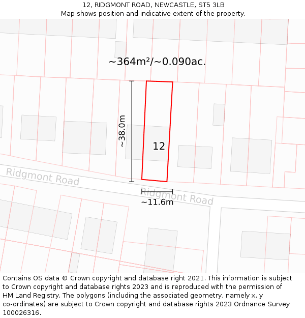 12, RIDGMONT ROAD, NEWCASTLE, ST5 3LB: Plot and title map