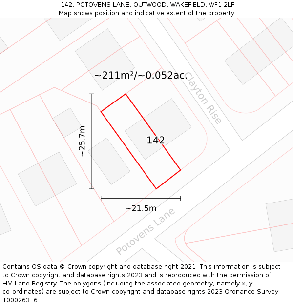 142, POTOVENS LANE, OUTWOOD, WAKEFIELD, WF1 2LF: Plot and title map