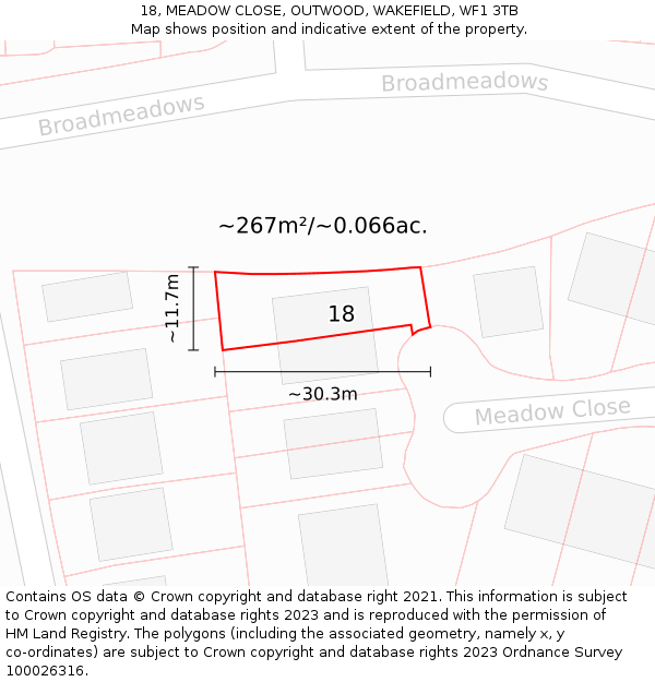 18, MEADOW CLOSE, OUTWOOD, WAKEFIELD, WF1 3TB: Plot and title map