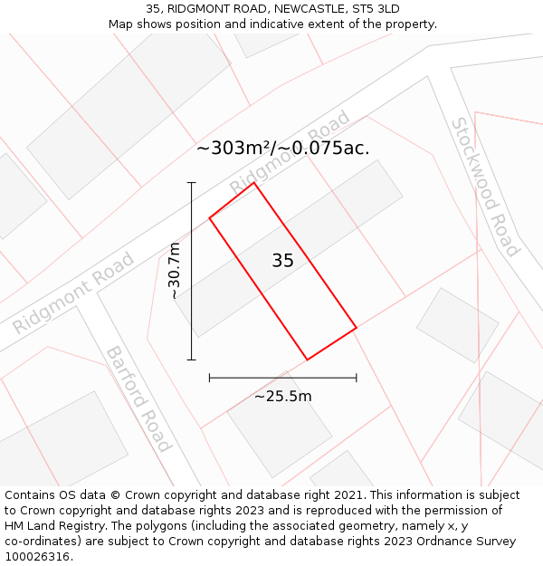 35, RIDGMONT ROAD, NEWCASTLE, ST5 3LD: Plot and title map