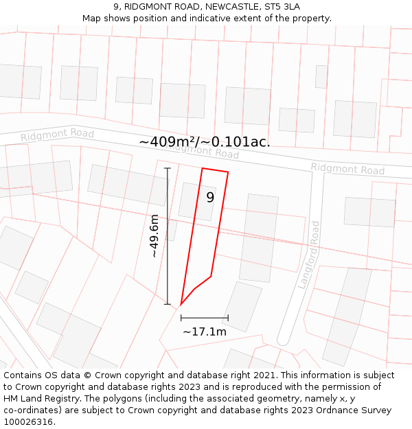 9, RIDGMONT ROAD, NEWCASTLE, ST5 3LA: Plot and title map