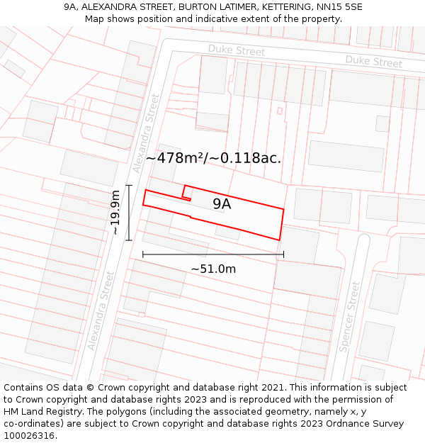 9A, ALEXANDRA STREET, BURTON LATIMER, KETTERING, NN15 5SE: Plot and title map