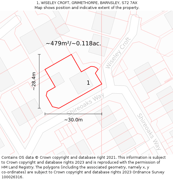 1, WISELEY CROFT, GRIMETHORPE, BARNSLEY, S72 7AX: Plot and title map