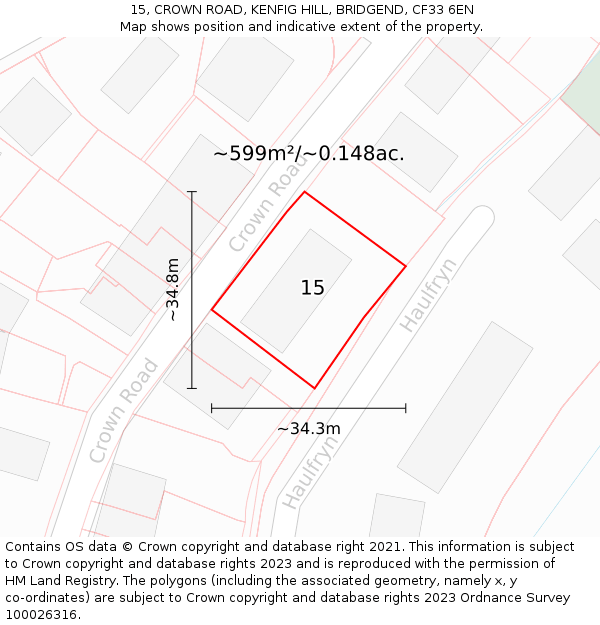 15, CROWN ROAD, KENFIG HILL, BRIDGEND, CF33 6EN: Plot and title map