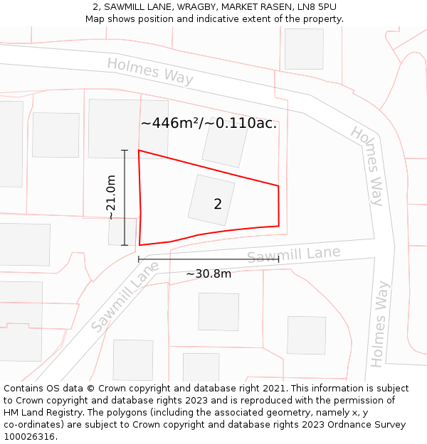 2, SAWMILL LANE, WRAGBY, MARKET RASEN, LN8 5PU: Plot and title map