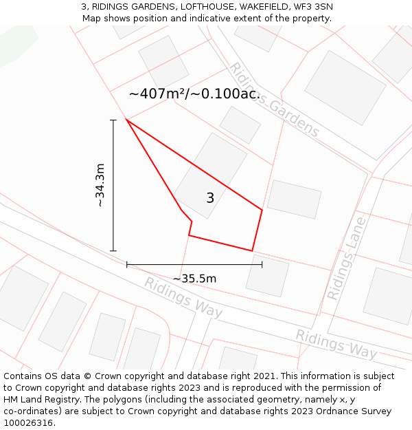 3, RIDINGS GARDENS, LOFTHOUSE, WAKEFIELD, WF3 3SN: Plot and title map