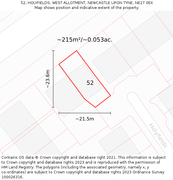 52, HOLYFIELDS, WEST ALLOTMENT, NEWCASTLE UPON TYNE, NE27 0EX: Plot and title map