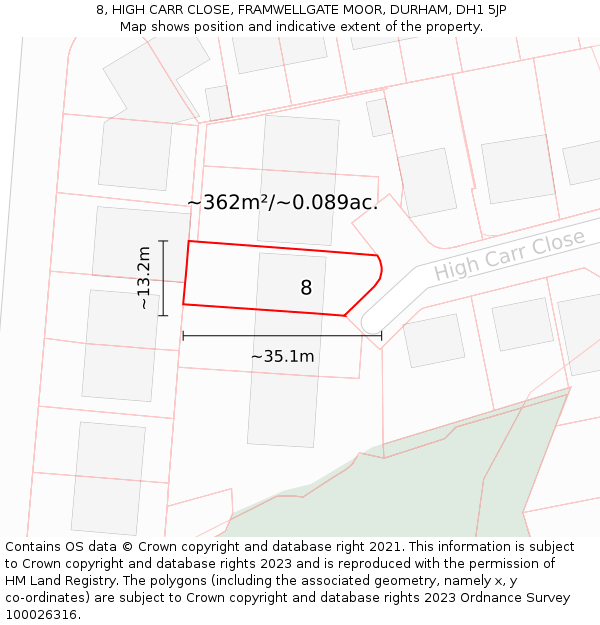 8, HIGH CARR CLOSE, FRAMWELLGATE MOOR, DURHAM, DH1 5JP: Plot and title map