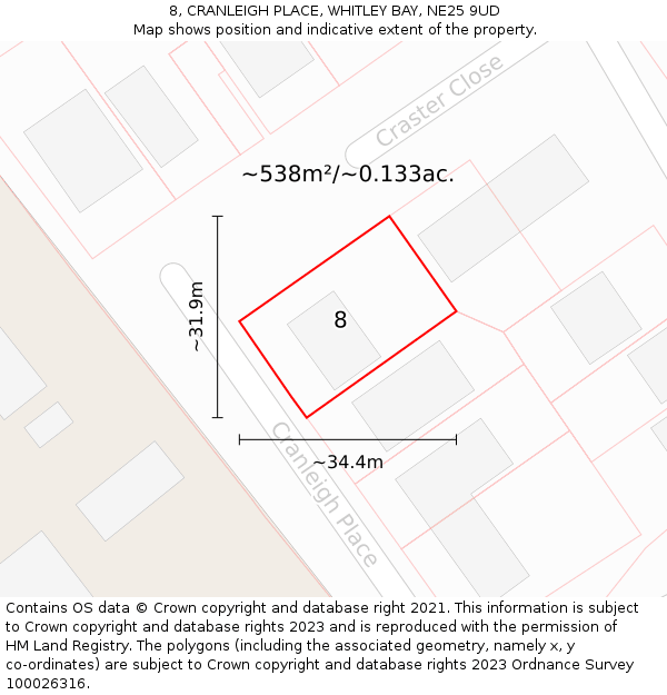 8, CRANLEIGH PLACE, WHITLEY BAY, NE25 9UD: Plot and title map